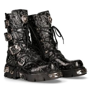 Bottes New Rock Metallic En Cuir Vintage Flower Noir guranteed de qualité 24