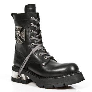 soldes pas cher NEW ROCK Bottines Neo Biker En Cuir Itali Noir Avec Skull Et… 11