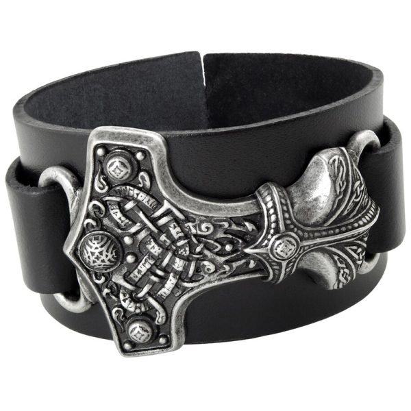 ALCHEMY GOTHIC Bracelet ‘Thunderhammer’ En Cuir Noir luxe soldes 1