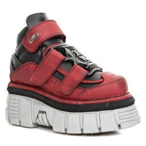 Chaussures New Rock Metallic En Cuir Noires Et Rouges Paris 12