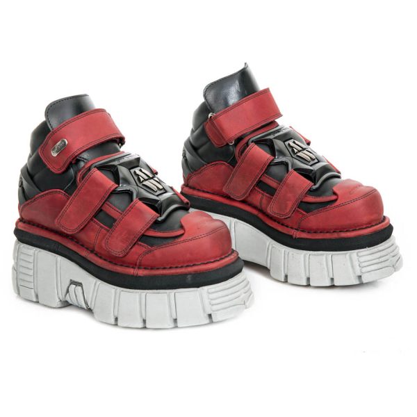 Chaussures New Rock Metallic En Cuir Noires Et Rouges Paris 9