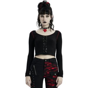 PUNK RAVE Crop Top à Manches Longues ‘Katell’ Noir Et Rouge REMISE allant jusqu. 24