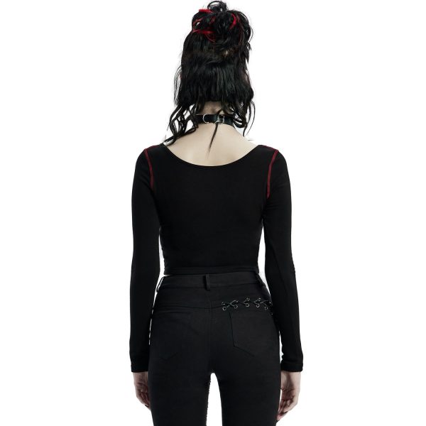 PUNK RAVE Crop Top à Manches Longues ‘Katell’ Noir Et Rouge REMISE allant jusqu. 4