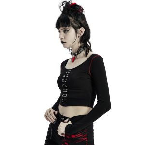 PUNK RAVE Crop Top à Manches Longues ‘Katell’ Noir Et Rouge REMISE allant jusqu. 28