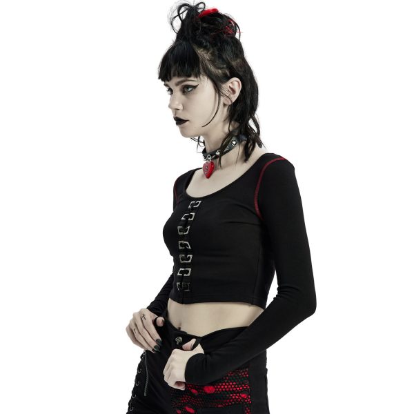 PUNK RAVE Crop Top à Manches Longues ‘Katell’ Noir Et Rouge REMISE allant jusqu. 5