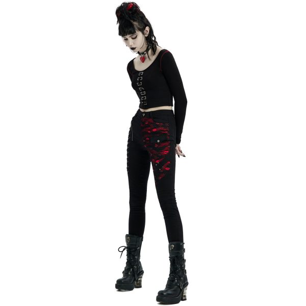 PUNK RAVE Crop Top à Manches Longues ‘Katell’ Noir Et Rouge REMISE allant jusqu. 10