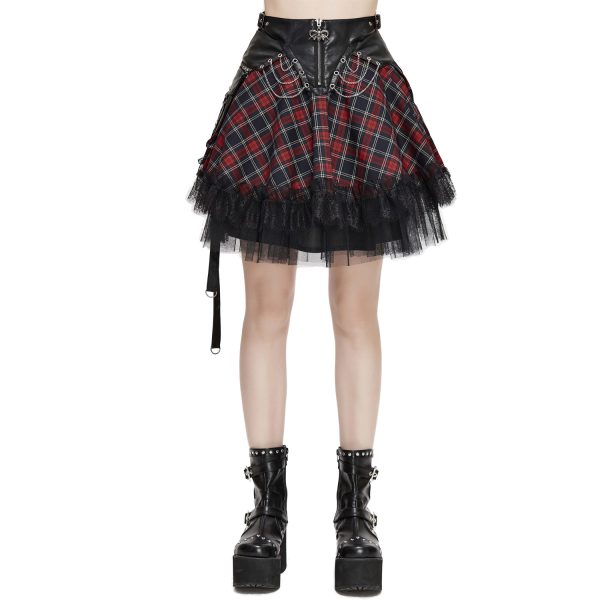 aux meilleurs prix DEVIL FASHION Jupe ‘Punk Lace Up’ En Tartan Et Simili Cuir 1