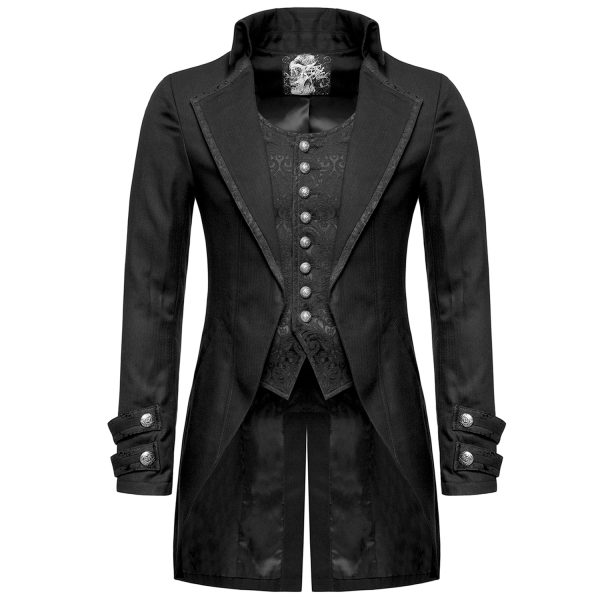 PUNK RAVE Longue Veste ‘Black Cardinal’ En Brocart Noir Acheter Maintenant 1