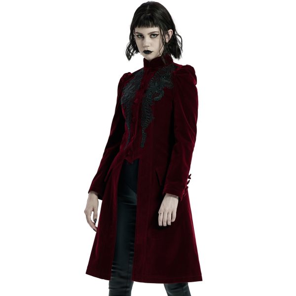 magasin PUNK RAVE Manteau Mi-Long ‘Dark Doll’ En Velours Rouge 5