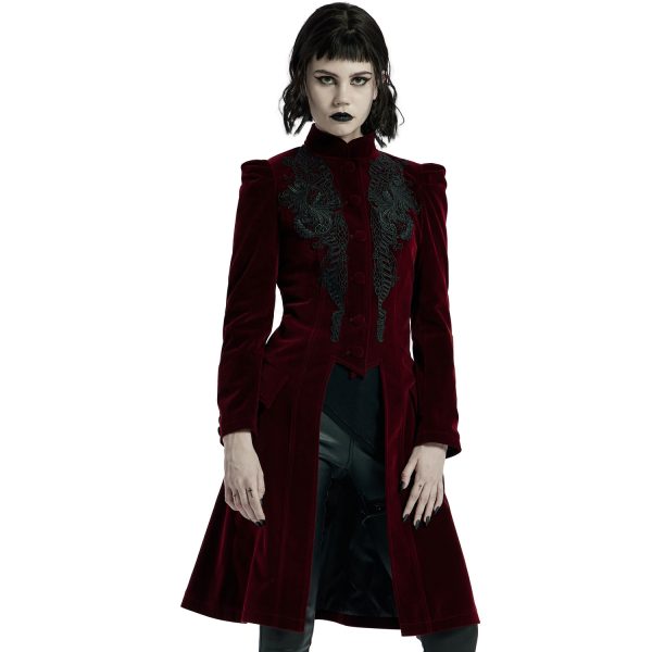 magasin PUNK RAVE Manteau Mi-Long ‘Dark Doll’ En Velours Rouge 6