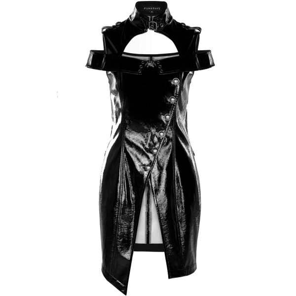 magasin pas cher PUNK RAVE Mini Robe ‘Techno Geisha’ En Simili Cuir Noir Verni 1