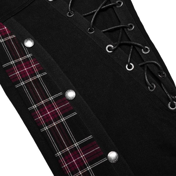 site soldes PUNK RAVE Pantalon ‘Cynfael’ Noir Et Tartan Rouge 17