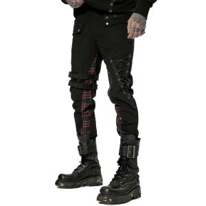 site soldes PUNK RAVE Pantalon ‘Cynfael’ Noir Et Tartan Rouge 30