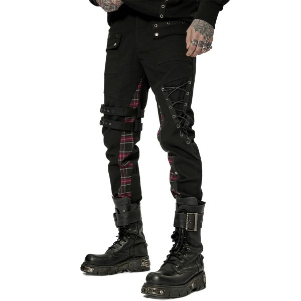 site soldes PUNK RAVE Pantalon ‘Cynfael’ Noir Et Tartan Rouge 8