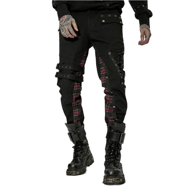 site soldes PUNK RAVE Pantalon ‘Cynfael’ Noir Et Tartan Rouge 1