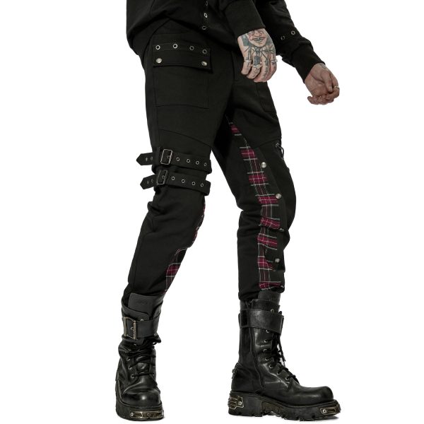 site soldes PUNK RAVE Pantalon ‘Cynfael’ Noir Et Tartan Rouge 9