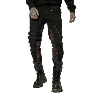 site soldes PUNK RAVE Pantalon ‘Cynfael’ Noir Et Tartan Rouge 34