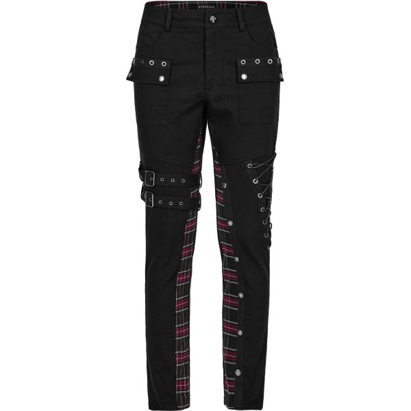 site soldes PUNK RAVE Pantalon ‘Cynfael’ Noir Et Tartan Rouge 11