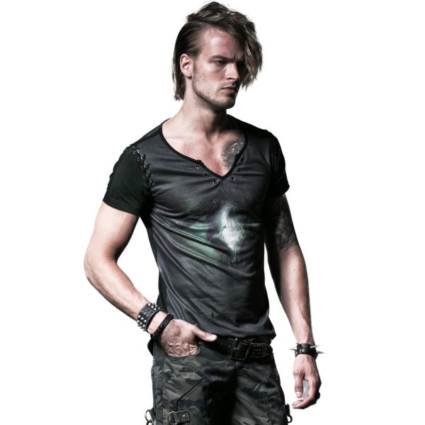 Retour gratuit en magasin. PUNK RAVE T-Shirt ‘Evil Skull’ Noir Et Vert 5