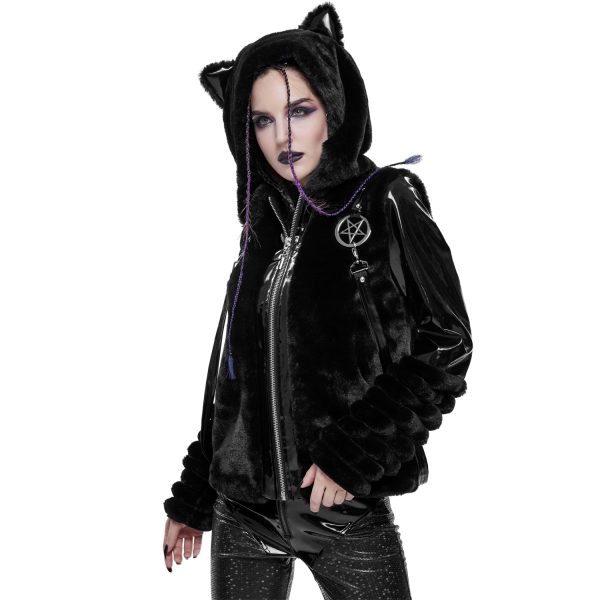 outlet DEVIL FASHION Veste D’Hiver ‘Cat Ear’ En Fourrure Noire 5